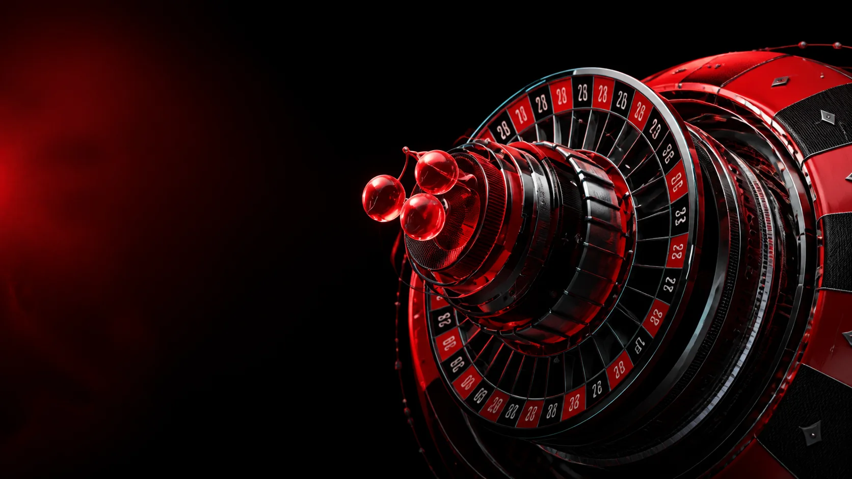 Futuristisches rotes Roulette-Modul in einer dunklen Casino-Lobby